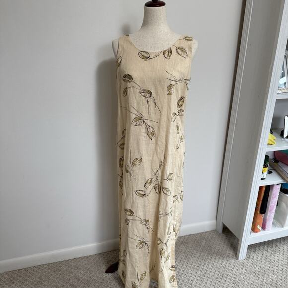Rafaella Dress Womens 10 White Tan Floral Linen Casual Zip Back Maxi Sundress - Picture 9 of 16
